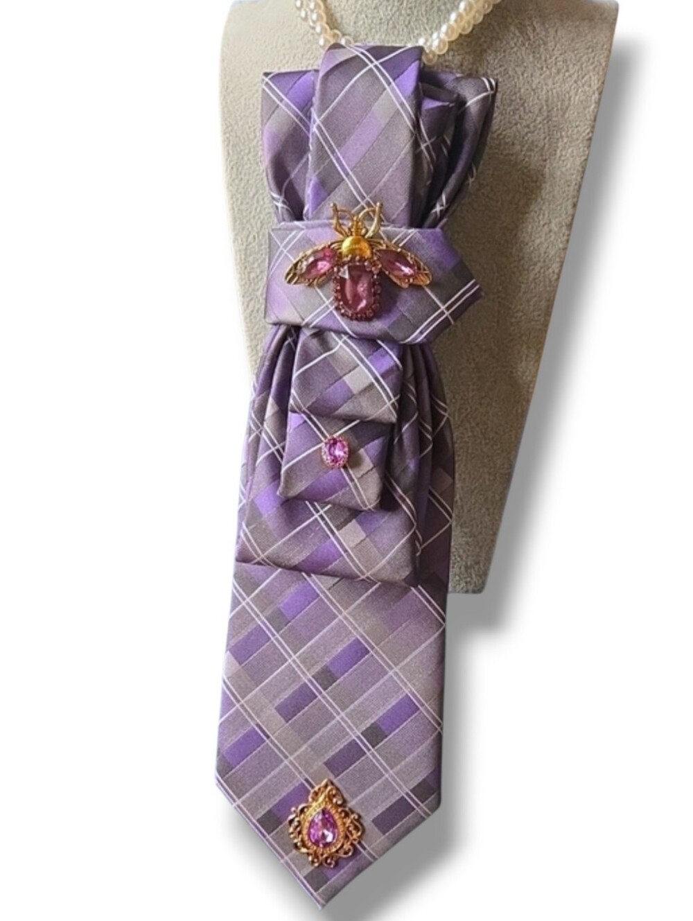 3/$60 Lavender Plaid Statement Cravat with Jewel Bee Accents